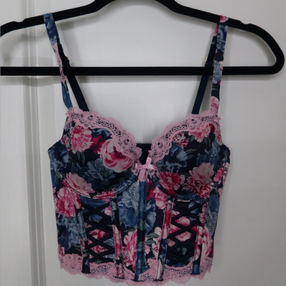 Victoria’s Secret Floral Lace-Up Corset Top - Pink and Blue